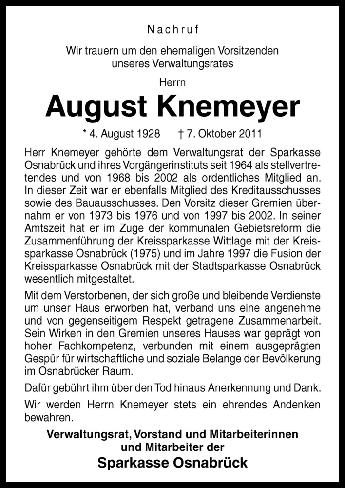  Traueranzeige für August Knemeyer vom 11.10.2011 aus Neue Osnabrücker Zeitung GmbH & Co. KG