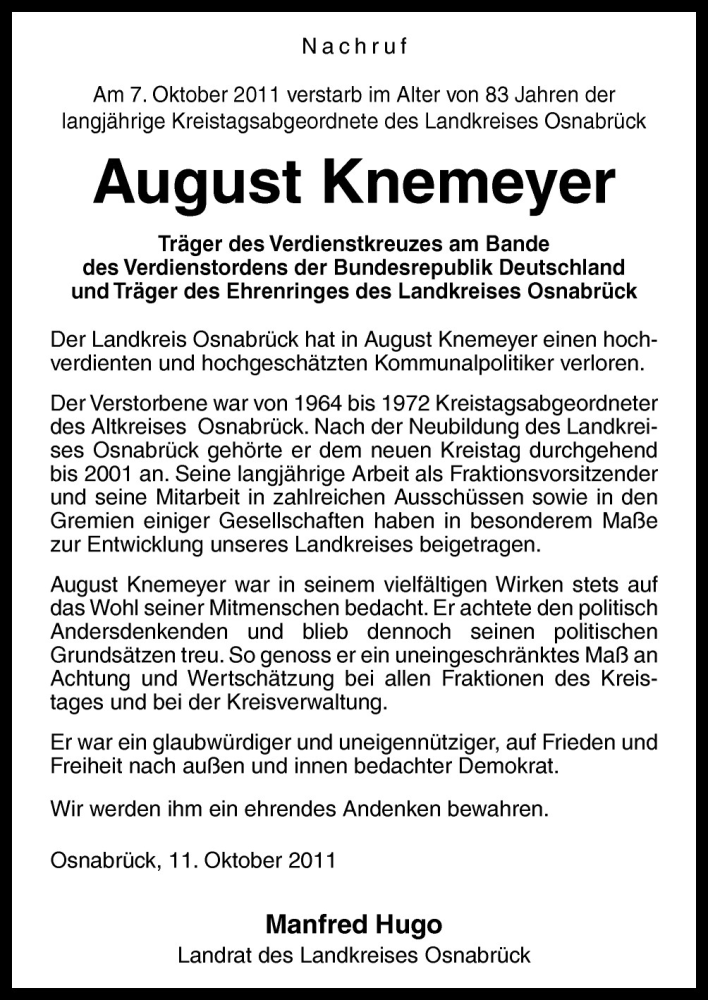  Traueranzeige für August Knemeyer vom 11.10.2011 aus Neue Osnabrücker Zeitung GmbH & Co. KG