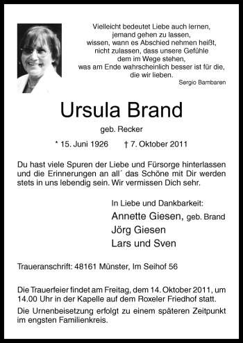 Traueranzeige von Ursula Brand von Neue Osnabrücker Zeitung GmbH & Co. KG