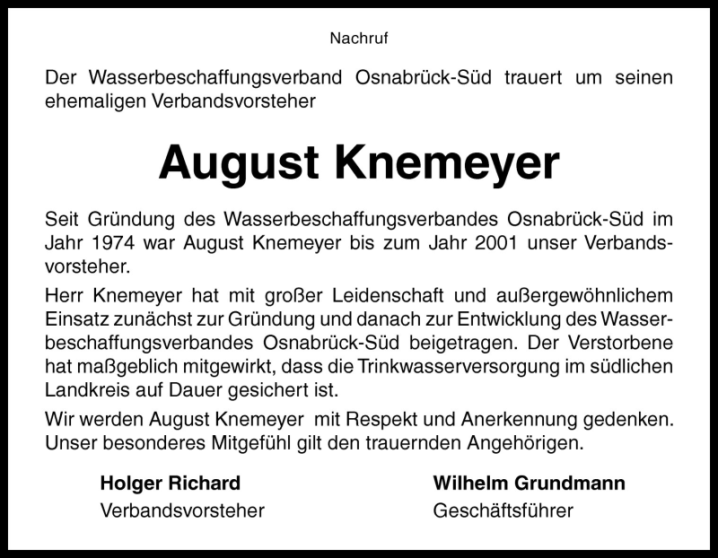  Traueranzeige für August Knemeyer vom 11.10.2011 aus Neue Osnabrücker Zeitung GmbH & Co. KG