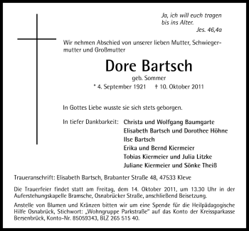 Traueranzeige von Dore Bartsch von Neue Osnabrücker Zeitung GmbH & Co. KG