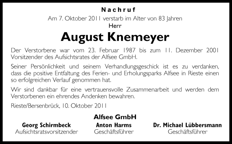  Traueranzeige für August Knemeyer vom 12.10.2011 aus Neue Osnabrücker Zeitung GmbH & Co. KG