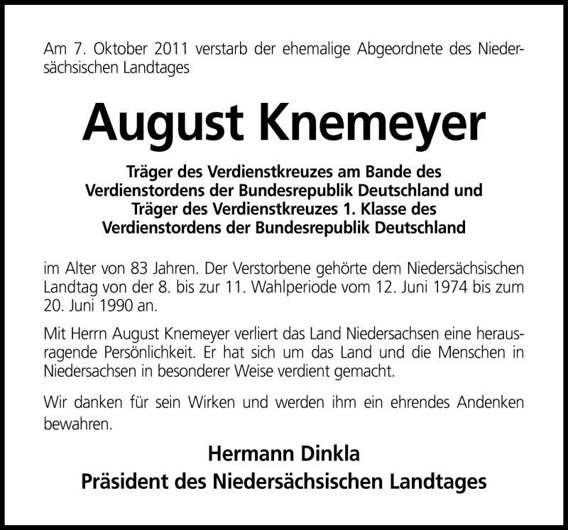  Traueranzeige für August Knemeyer vom 12.10.2011 aus Neue Osnabrücker Zeitung GmbH & Co. KG