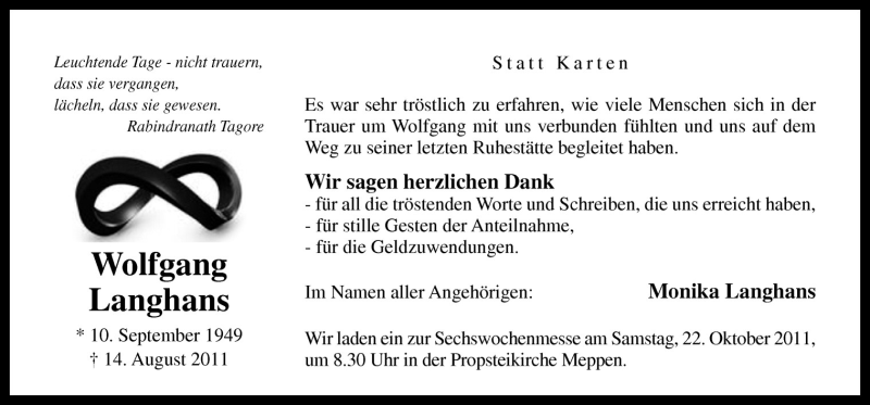  Traueranzeige für Wolfgang Langhans vom 15.10.2011 aus Neue Osnabrücker Zeitung GmbH & Co. KG