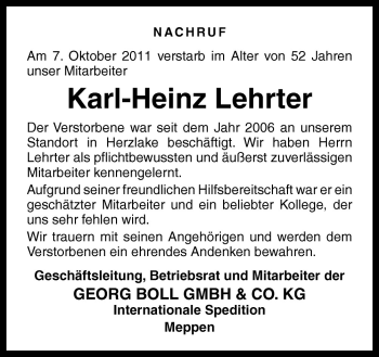 Traueranzeige von Karl-Heinz Lehrter von Neue Osnabrücker Zeitung GmbH & Co. KG