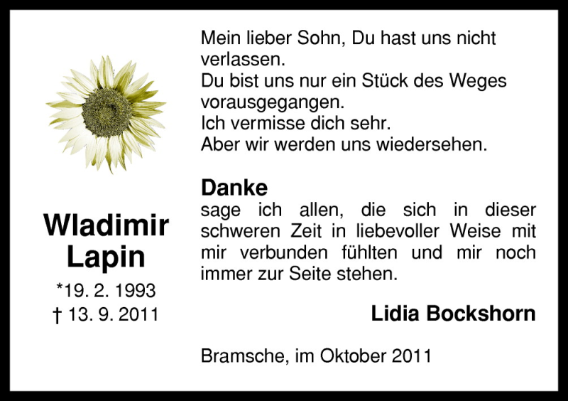  Traueranzeige für Wladimir Lapin vom 15.10.2011 aus Neue Osnabrücker Zeitung GmbH & Co. KG