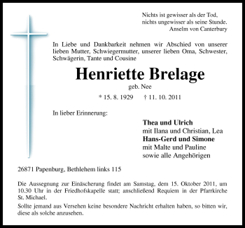 Traueranzeige von Henriette Brelage von Neue Osnabrücker Zeitung GmbH & Co. KG