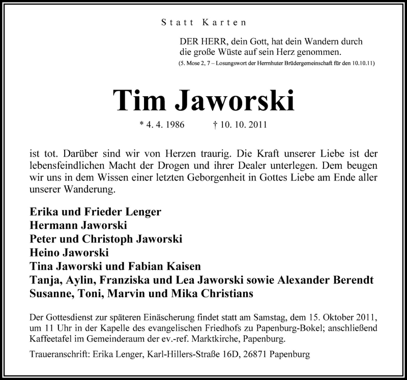  Traueranzeige für Tim Jaworski vom 13.10.2011 aus Neue Osnabrücker Zeitung GmbH & Co. KG