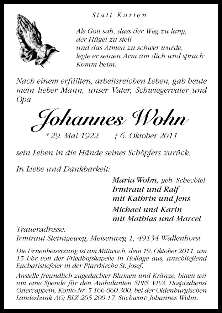  Traueranzeige für Johannes Wohn vom 15.10.2011 aus Neue Osnabrücker Zeitung GmbH & Co. KG