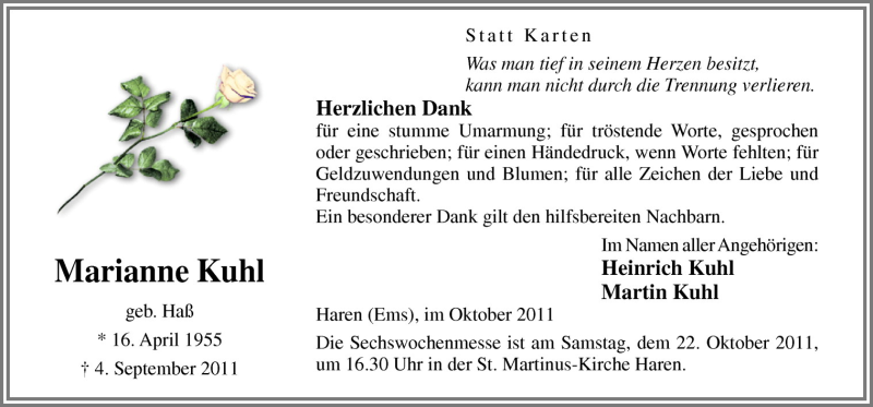  Traueranzeige für Marianne Kuhl vom 19.10.2011 aus Neue Osnabrücker Zeitung GmbH & Co. KG