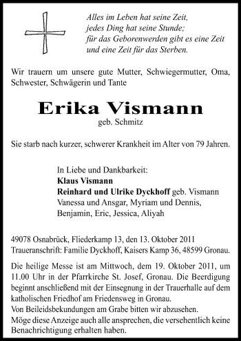 Traueranzeige von Erika Vismann von Neue Osnabrücker Zeitung GmbH & Co. KG