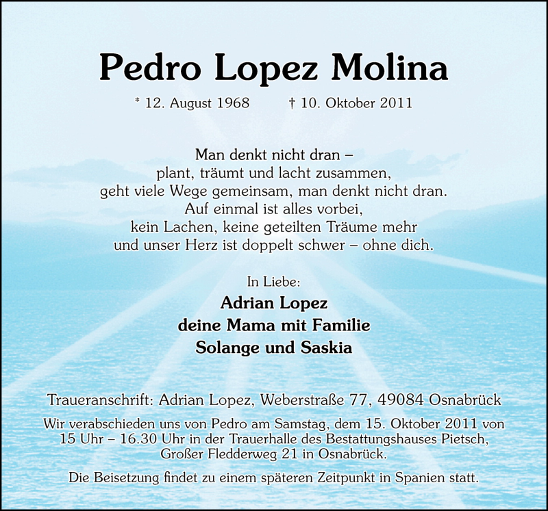  Traueranzeige für Pedro Lopez Molina vom 15.10.2011 aus Neue Osnabrücker Zeitung GmbH & Co. KG