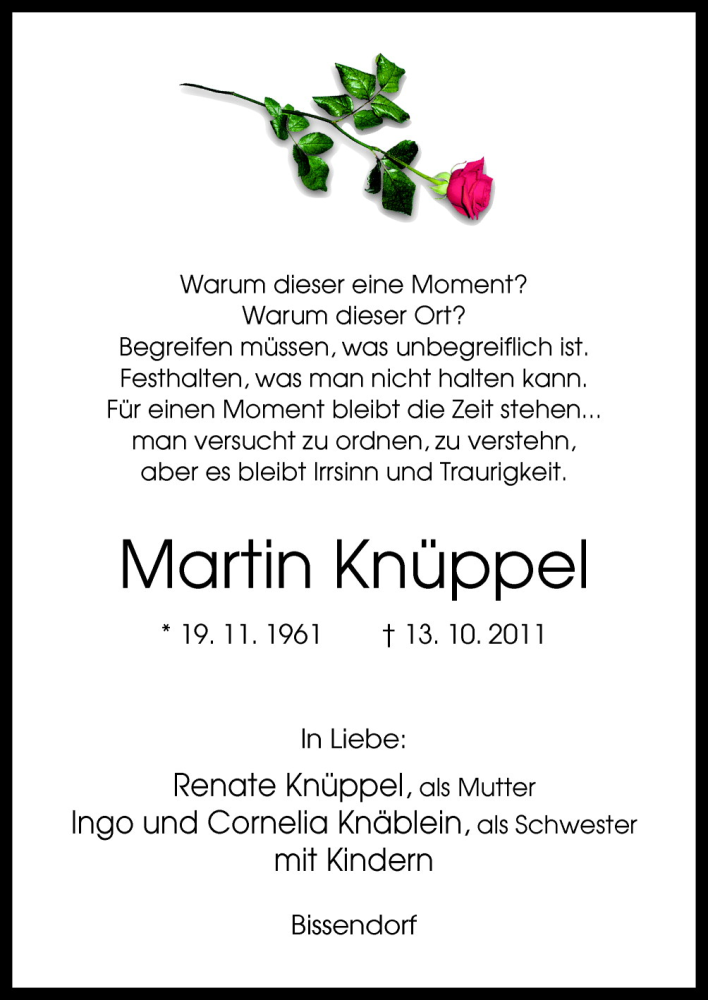  Traueranzeige für Martin Knüppel vom 17.10.2011 aus Neue Osnabrücker Zeitung GmbH & Co. KG
