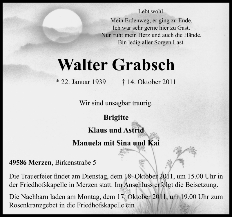  Traueranzeige für Walter Grabsch vom 17.10.2011 aus Neue Osnabrücker Zeitung GmbH & Co. KG