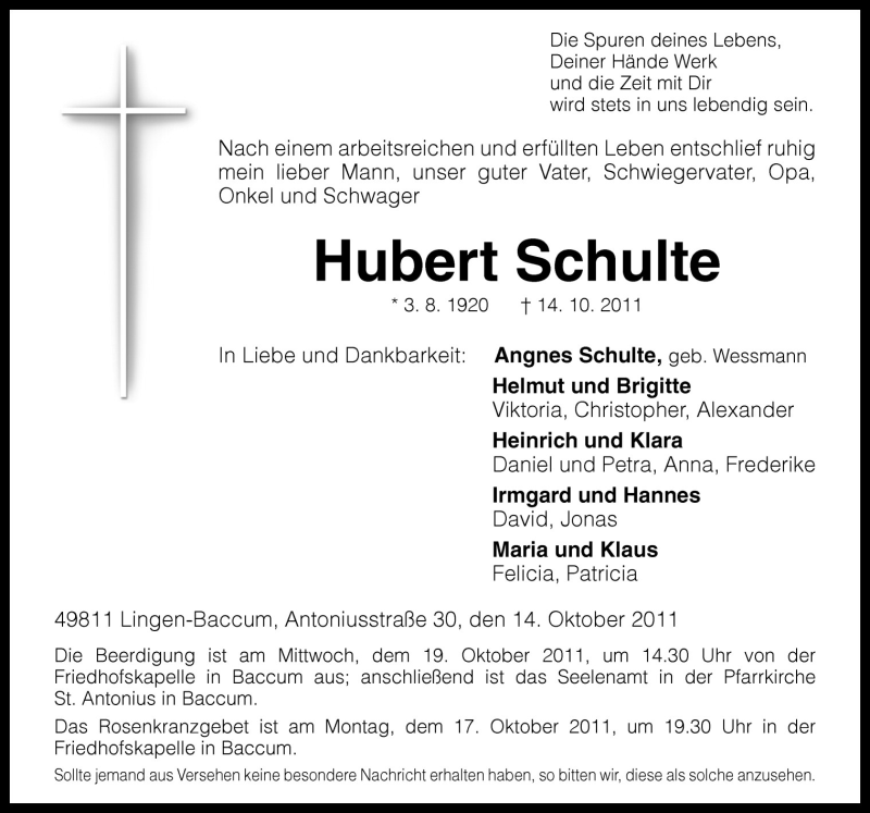  Traueranzeige für Hubert Schulte vom 17.10.2011 aus Neue Osnabrücker Zeitung GmbH & Co. KG