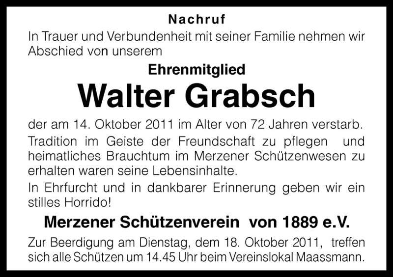  Traueranzeige für Walter Grabsch vom 17.10.2011 aus Neue Osnabrücker Zeitung GmbH & Co. KG