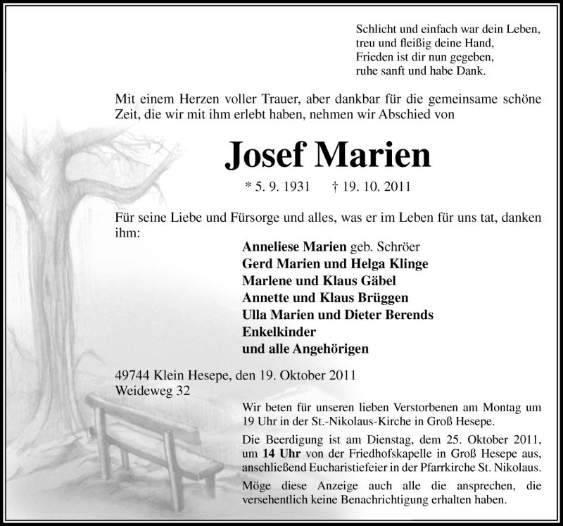  Traueranzeige für Josef Marien vom 22.10.2011 aus Neue Osnabrücker Zeitung GmbH & Co. KG