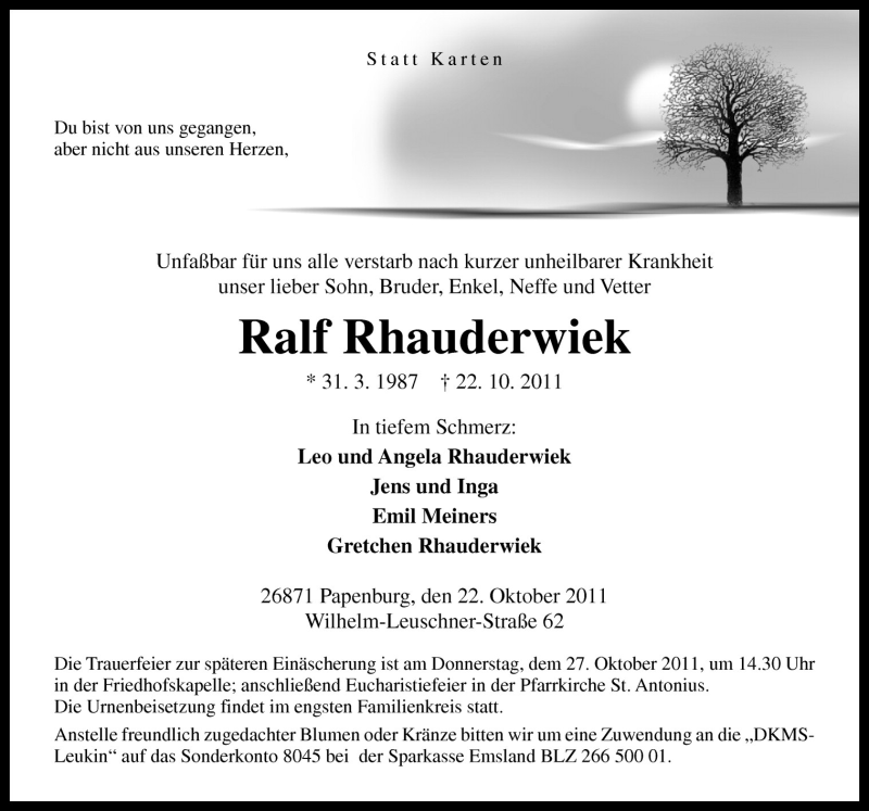  Traueranzeige für Ralf Rhauderwiek vom 24.10.2011 aus Neue Osnabrücker Zeitung GmbH & Co. KG