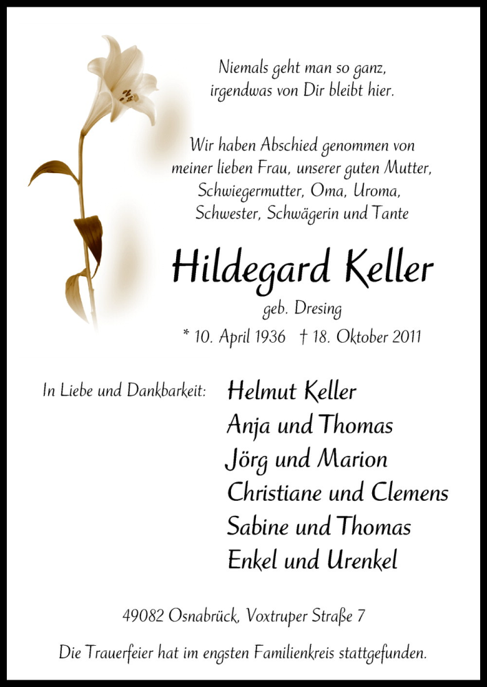  Traueranzeige für Hildegard Keller vom 24.10.2011 aus Neue Osnabrücker Zeitung GmbH & Co. KG