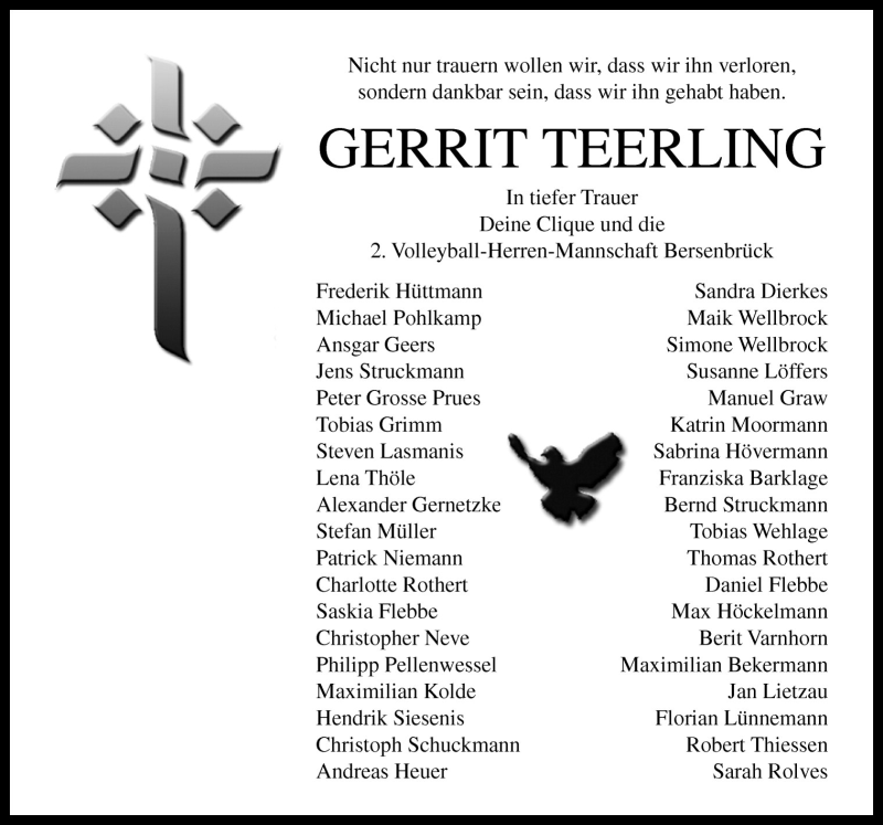  Traueranzeige für Gerrit Teerling vom 25.10.2011 aus Neue Osnabrücker Zeitung GmbH & Co. KG