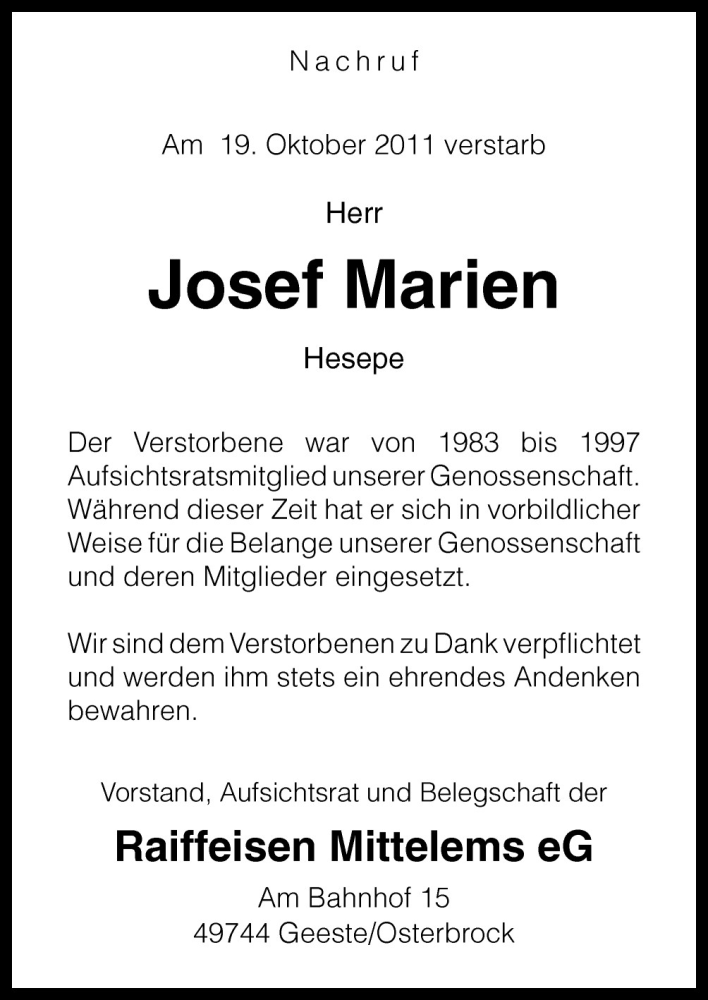  Traueranzeige für Josef Marien vom 25.10.2011 aus Neue Osnabrücker Zeitung GmbH & Co. KG