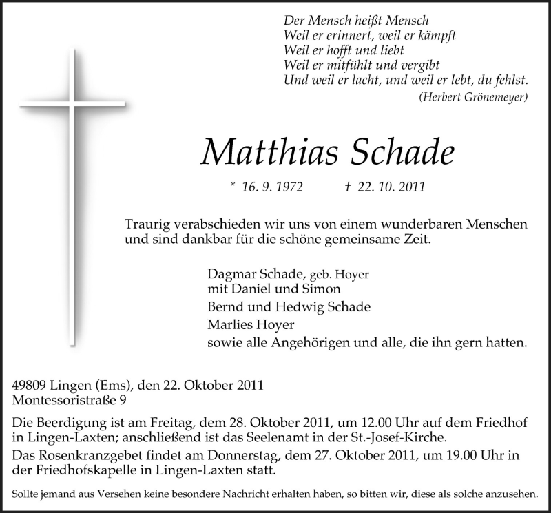  Traueranzeige für Matthias Schade vom 25.10.2011 aus Neue Osnabrücker Zeitung GmbH & Co. KG
