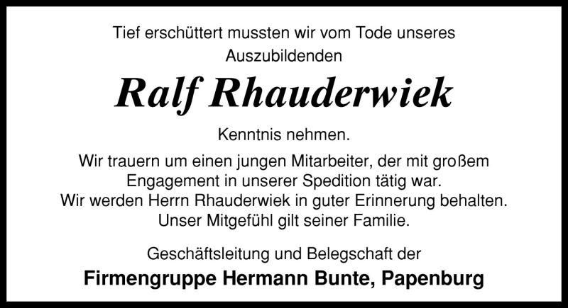  Traueranzeige für Ralf Rhauderwiek vom 26.10.2011 aus Neue Osnabrücker Zeitung GmbH & Co. KG