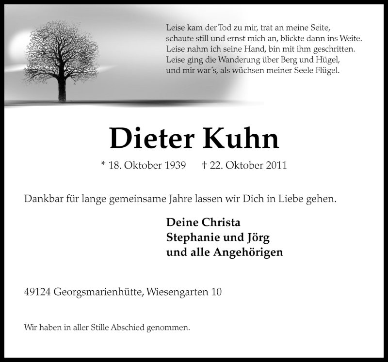  Traueranzeige für Dieter Kuhn vom 28.10.2011 aus Neue Osnabrücker Zeitung GmbH & Co. KG