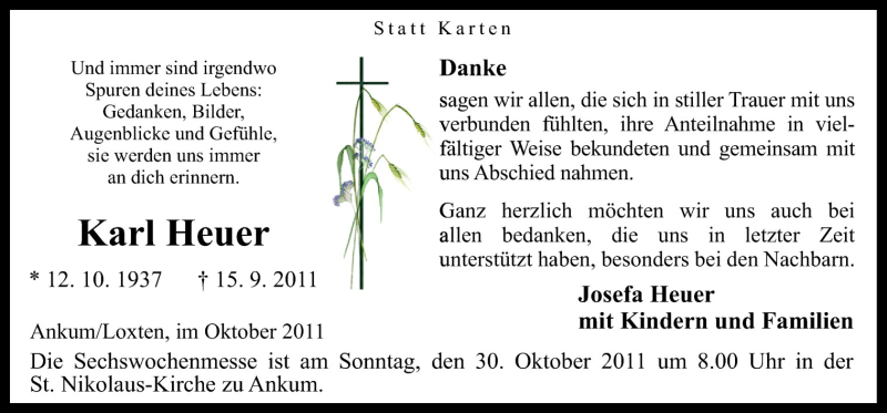  Traueranzeige für Karl Heuer vom 26.10.2011 aus Neue Osnabrücker Zeitung GmbH & Co. KG