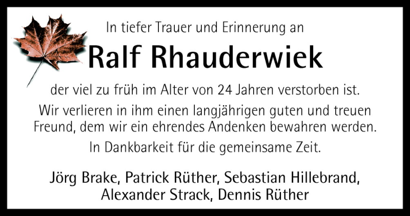  Traueranzeige für Ralf Rhauderwiek vom 26.10.2011 aus Neue Osnabrücker Zeitung GmbH & Co. KG