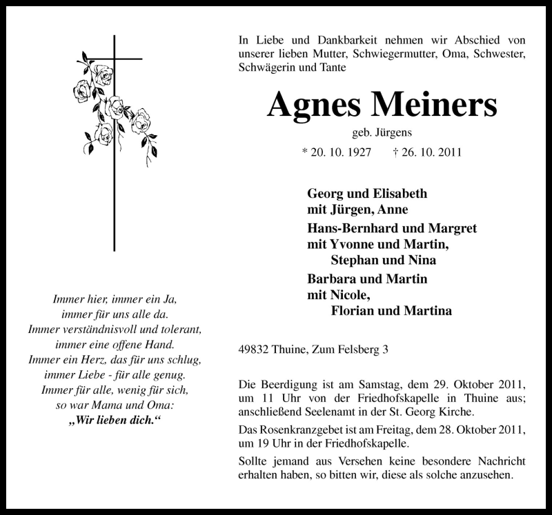  Traueranzeige für Agnes Meiners vom 27.10.2011 aus Neue Osnabrücker Zeitung GmbH & Co. KG