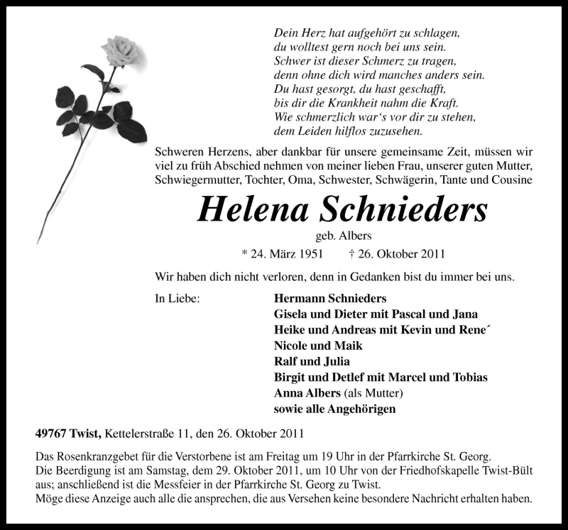  Traueranzeige für Helena Schnieders vom 27.10.2011 aus Neue Osnabrücker Zeitung GmbH & Co. KG