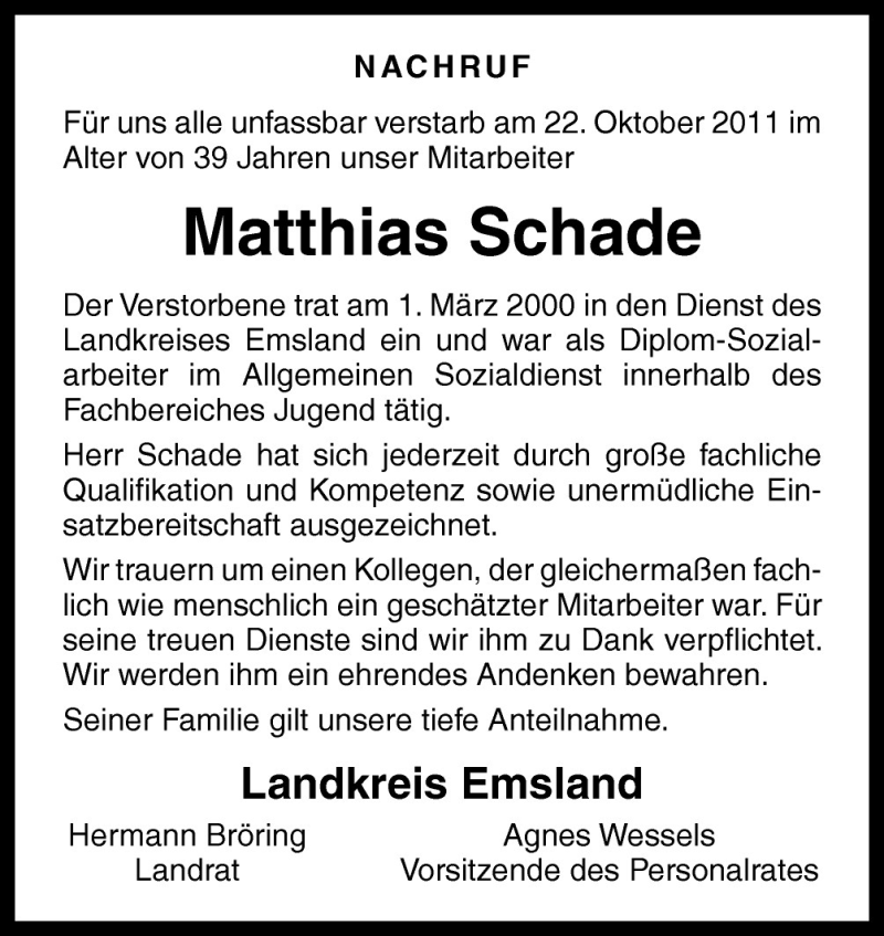  Traueranzeige für Matthias Schade vom 27.10.2011 aus Neue Osnabrücker Zeitung GmbH & Co. KG