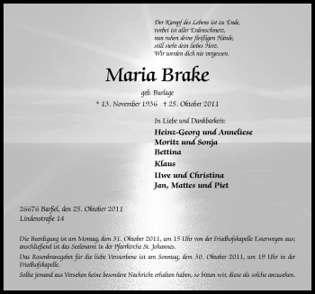 Traueranzeige von Maria Brake von Neue Osnabrücker Zeitung GmbH & Co. KG