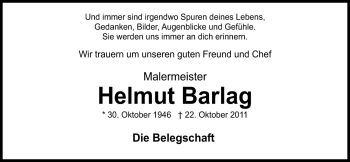 Traueranzeige von Helmut Barlag von Neue Osnabrücker Zeitung GmbH & Co. KG
