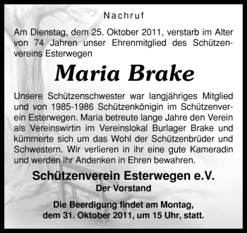 Traueranzeige von Maria Brake von Neue Osnabrücker Zeitung GmbH & Co. KG