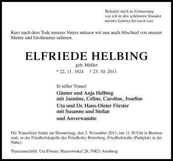 Traueranzeige von Elfriede Helbing von Neue Osnabrücker Zeitung GmbH & Co. KG