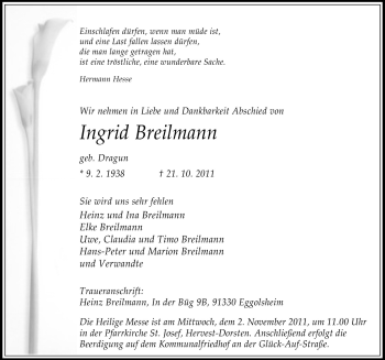 Traueranzeige von Ingrid Breilmann von Neue Osnabrücker Zeitung GmbH & Co. KG