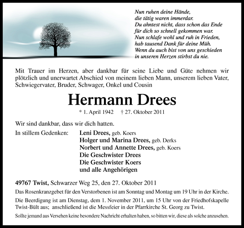  Traueranzeige für Hermann Drees vom 29.10.2011 aus Neue Osnabrücker Zeitung GmbH & Co. KG