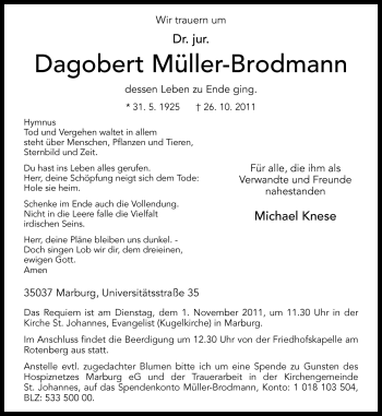 Traueranzeige von Dagobert Müller-Brodmann von Neue Osnabrücker Zeitung GmbH & Co. KG