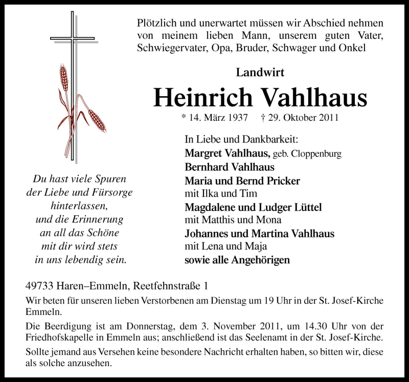  Traueranzeige für Heinrich Vahlhaus vom 31.10.2011 aus Neue Osnabrücker Zeitung GmbH & Co. KG