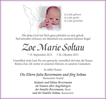 Traueranzeige von Zoe Marie Soltau von Neue Osnabrücker Zeitung GmbH & Co. KG