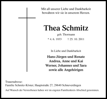 Traueranzeige von Thea Schmitz von Neue Osnabrücker Zeitung GmbH & Co. KG