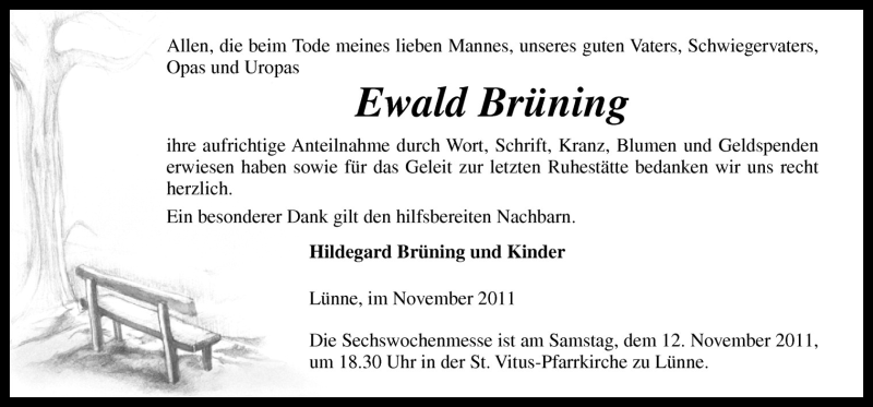  Traueranzeige für Ewald Brüning vom 09.11.2011 aus Neue Osnabrücker Zeitung GmbH & Co. KG
