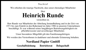 Traueranzeige von Heinrich Runde von Neue Osnabrücker Zeitung GmbH & Co. KG