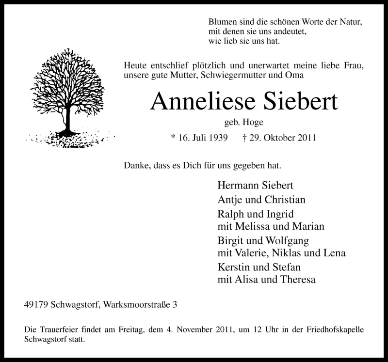  Traueranzeige für Anneliese Siebert vom 02.11.2011 aus Neue Osnabrücker Zeitung GmbH & Co. KG