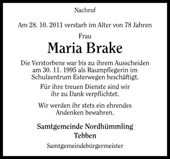 Traueranzeige von Maria Brake von Neue Osnabrücker Zeitung GmbH & Co. KG