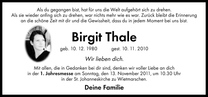  Traueranzeige für Birgit Thale vom 05.11.2011 aus Neue Osnabrücker Zeitung GmbH & Co. KG