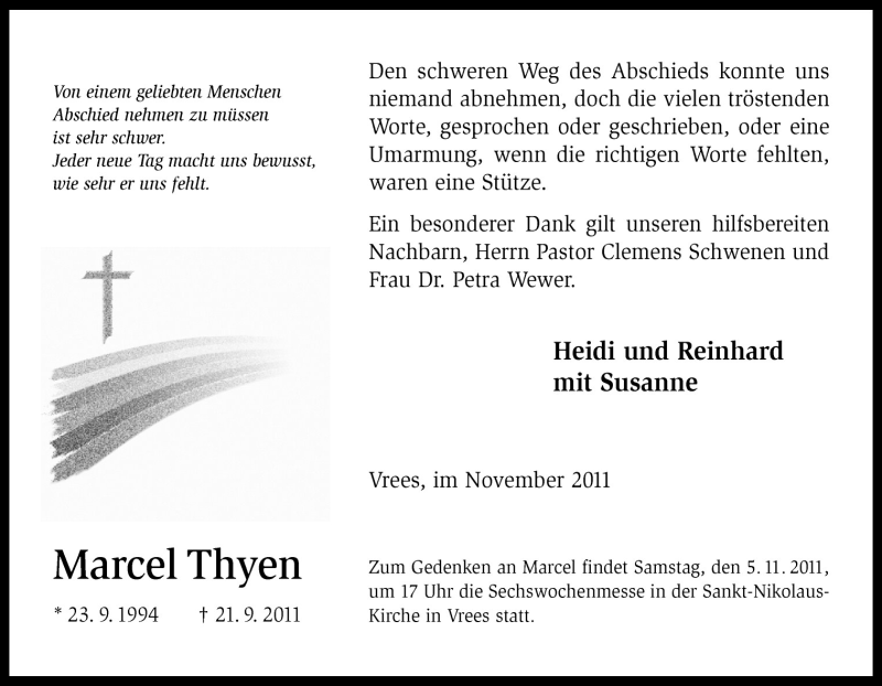  Traueranzeige für Marcel Thyen vom 03.11.2011 aus Neue Osnabrücker Zeitung GmbH & Co. KG