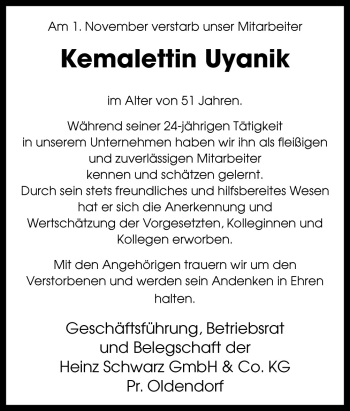 Traueranzeige von Kemalettin Uyanik von Neue Osnabrücker Zeitung GmbH & Co. KG